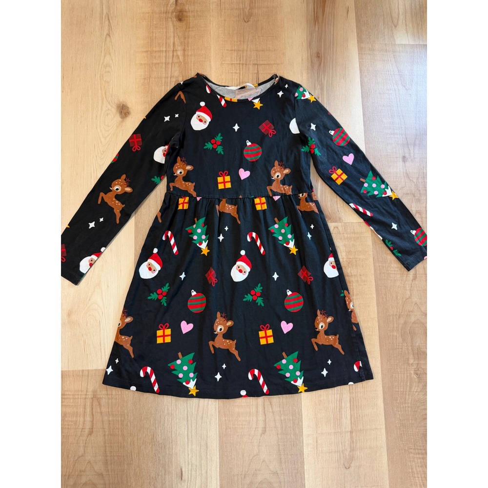 H&M Girls Black Christmas Holiday Santa Reindeer Long Sleeve Jersey Dress 8-10Y